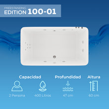 Infografía de capacidad de la tina 100-01: 400 L para 2 adultos, profundidad de 47 cm