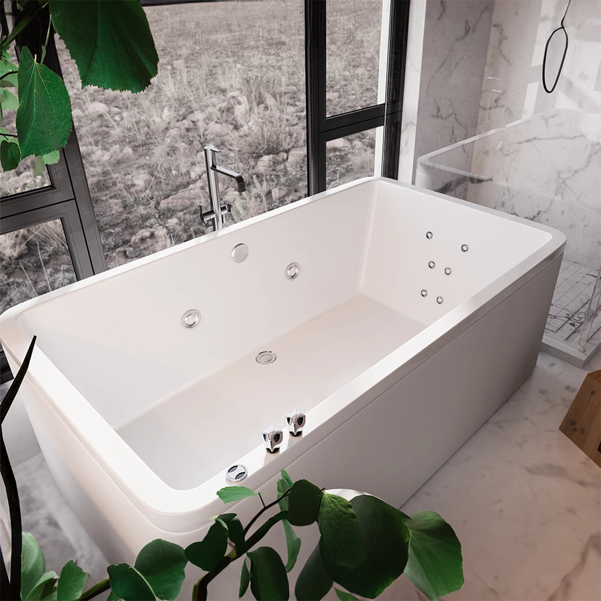 Tina 100-01 en ambiente natural con plantas, ideal para espacios relajantes