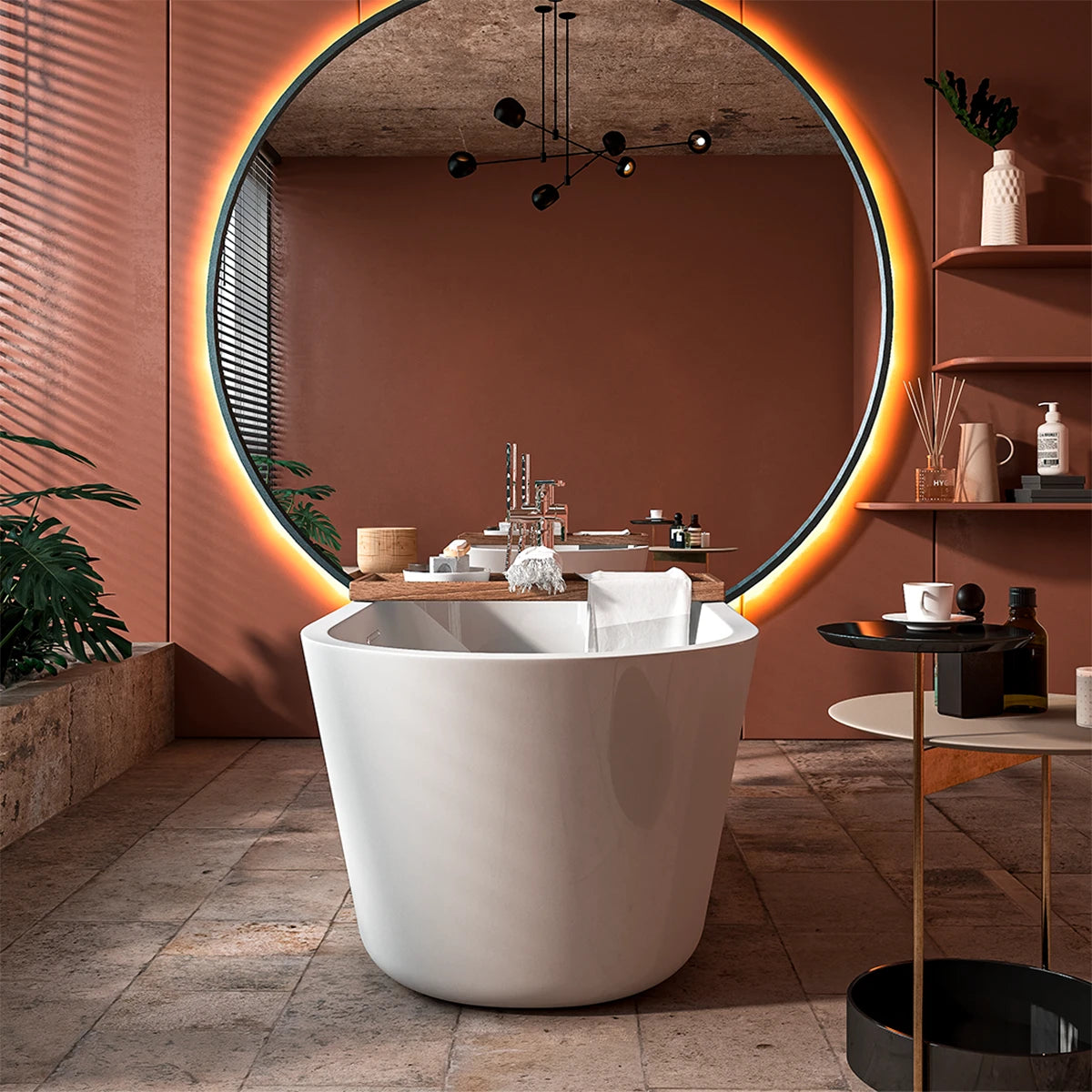 Vista del modelo 90-02 en baño moderno con espejo redondo y grifería de pedestal