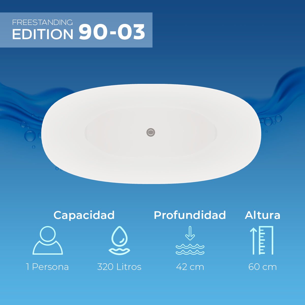 Infografía con capacidad de 320 L y profundidad de 42 cm, modelo sin hidromasaje