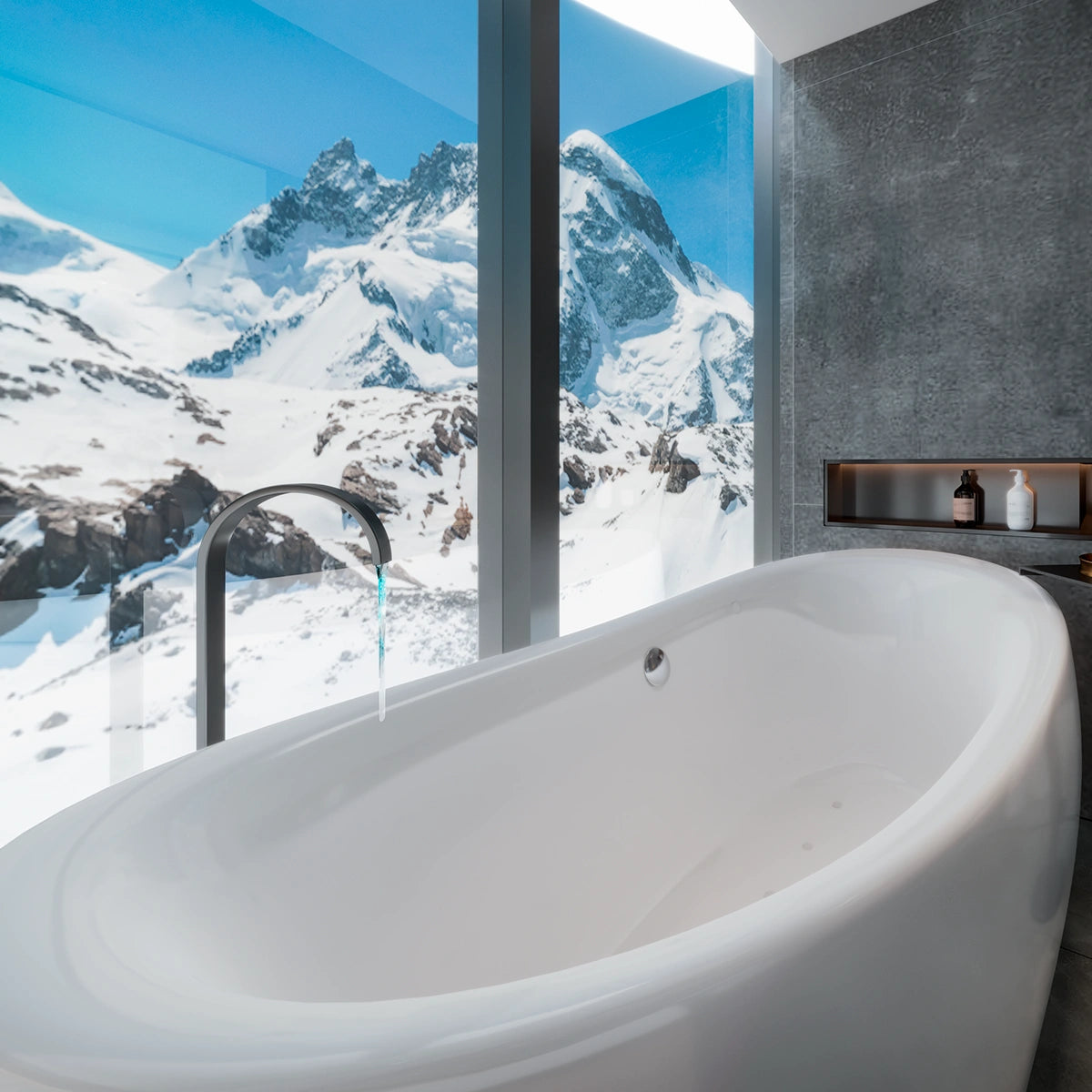 Render de la tina B-01 instalada en baño moderno con vista panorámica y estilo contemporáneo