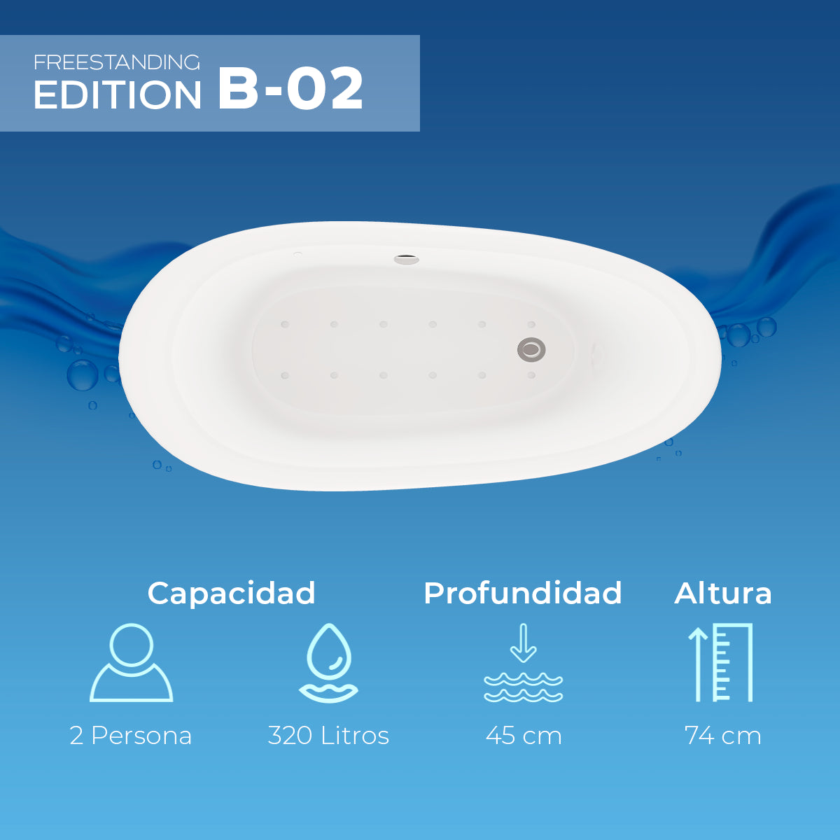 Infografía con volumen de agua, profundidad y altura total de la tina freestanding B-02