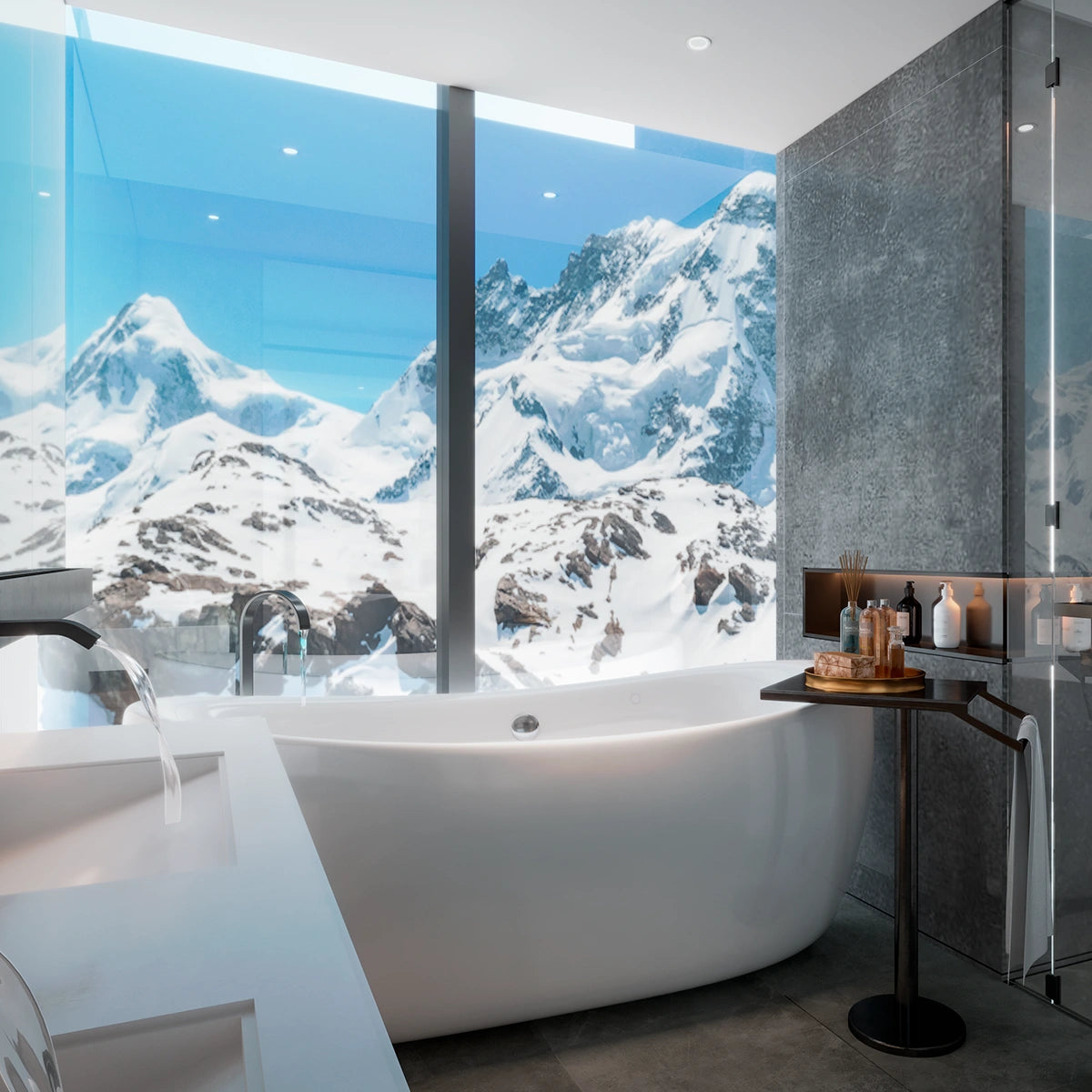 Render de la tina B-02 en baño moderno con ventanales y acabados elegantes