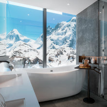 Render de la tina B-02 en baño moderno con ventanales y acabados elegantes