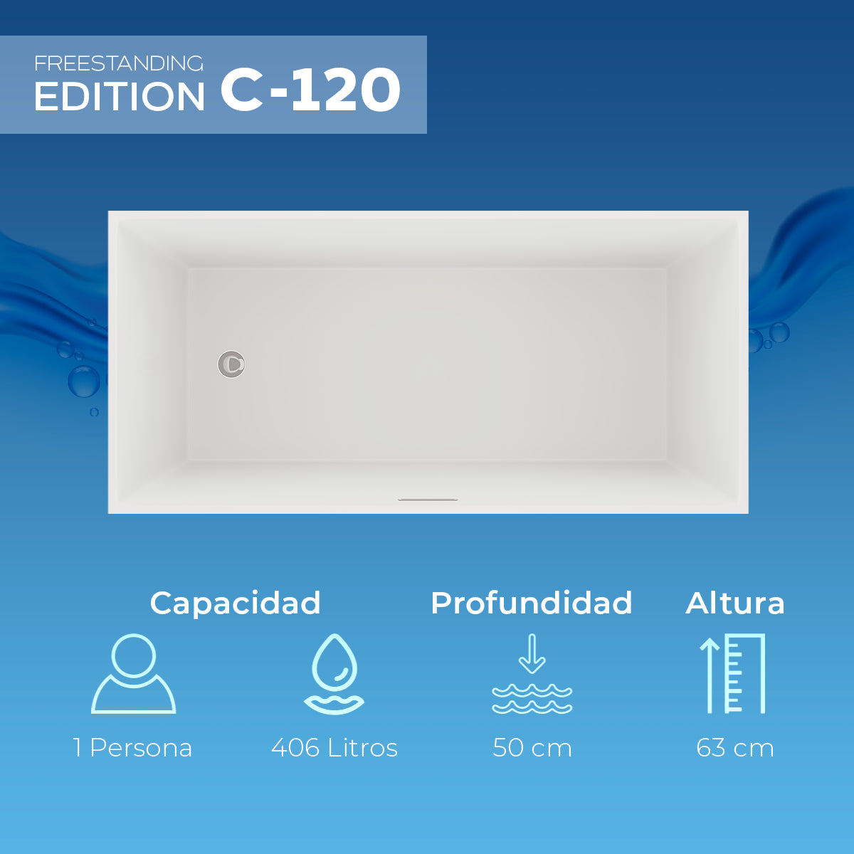 Infografía con capacidad de 406 L y profundidad de 50 cm del modelo C-120