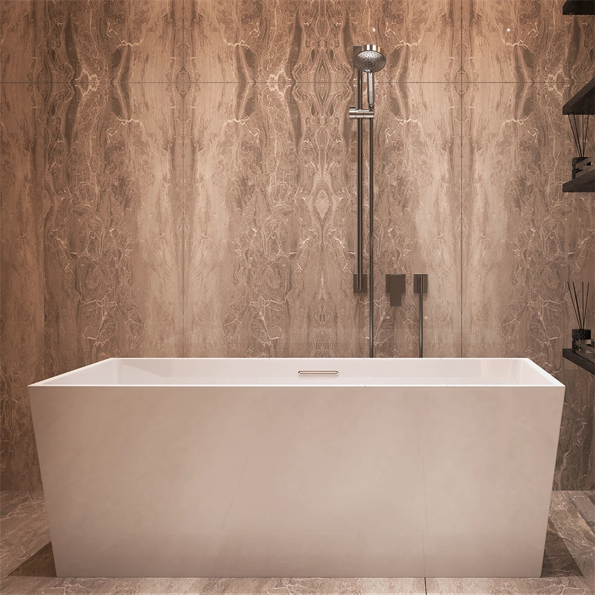 Tina C-120 instalada en baño de estilo cálido, con muros texturizados y acabados rústicos