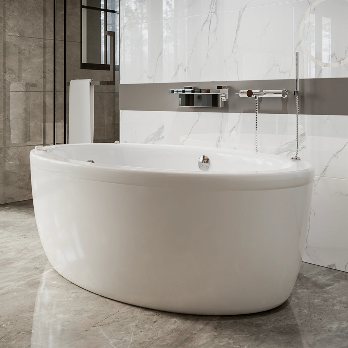 Tina Dreams instalada en baño moderno con acabados de mármol y ambiente cálido