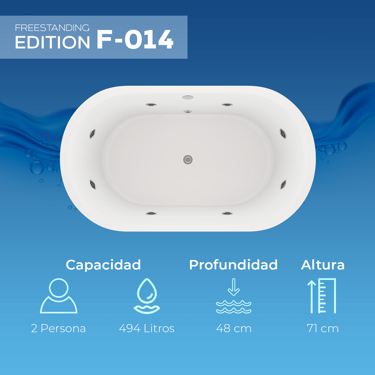 Infografía de capacidad de 494 L, profundidad y altura de la tina freestanding F-014
