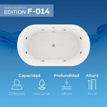 Infografía de capacidad de 494 L, profundidad y altura de la tina freestanding F-014