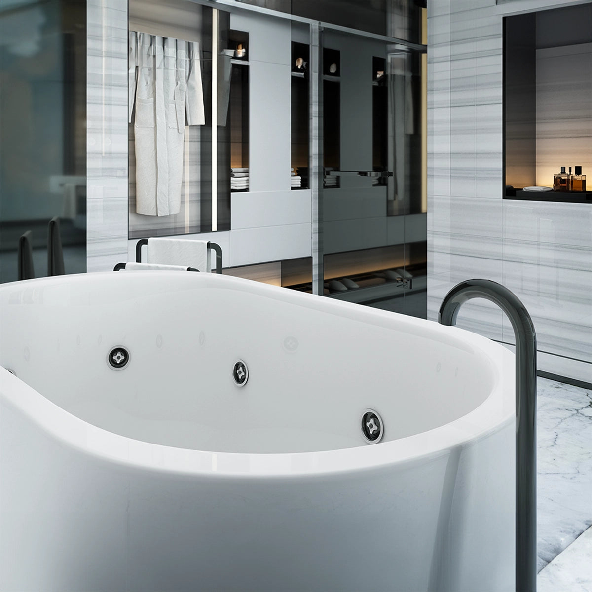 Tina F-014 colocada en baño residencial tipo spa con diseño sobrio y relajante