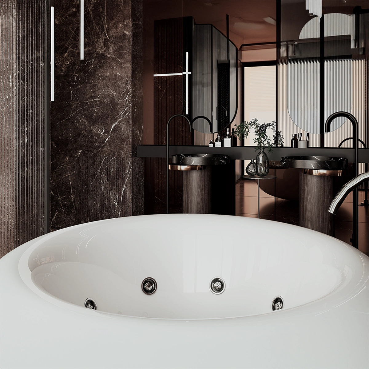 Vista ambiente de la tina M-01 en baño residencial de diseño elegante
