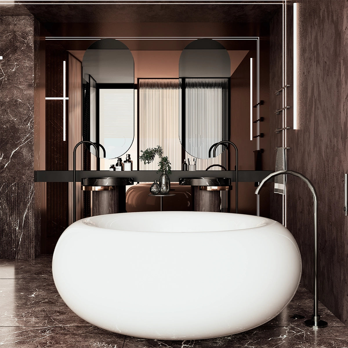 Tina circular M-01 en baño moderno con acabados oscuros y grifería externa