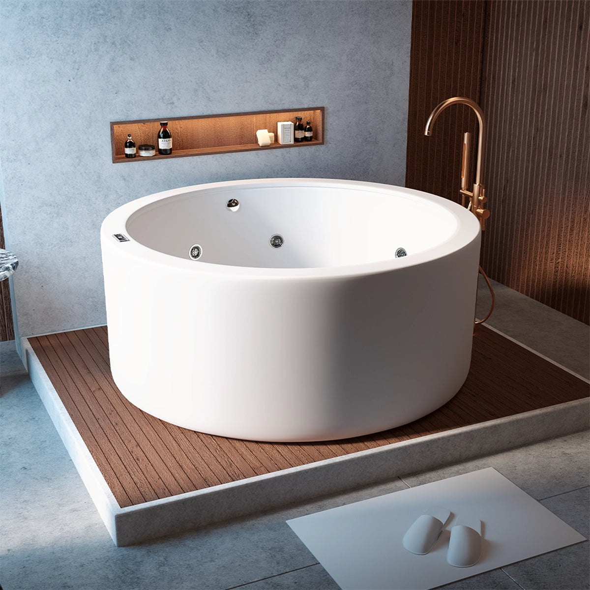 Jacuzzi redondo Nova 9000 en entorno de baño cálido con grifería tipo cascada