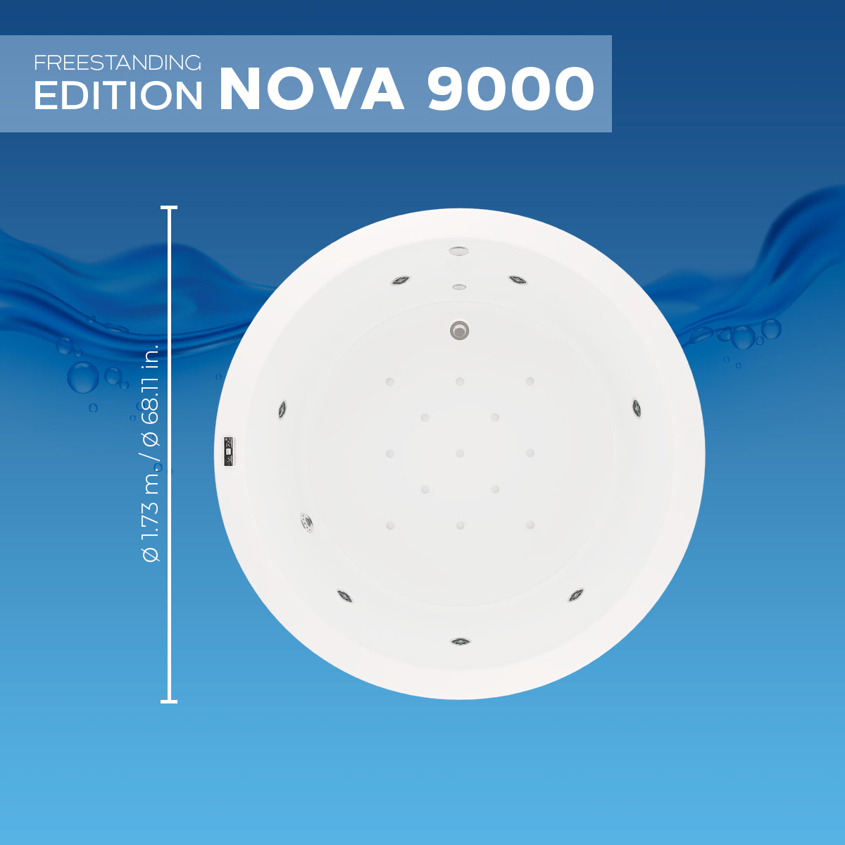 Diagrama técnico del Nova 9000 con medidas generales para 2 personas