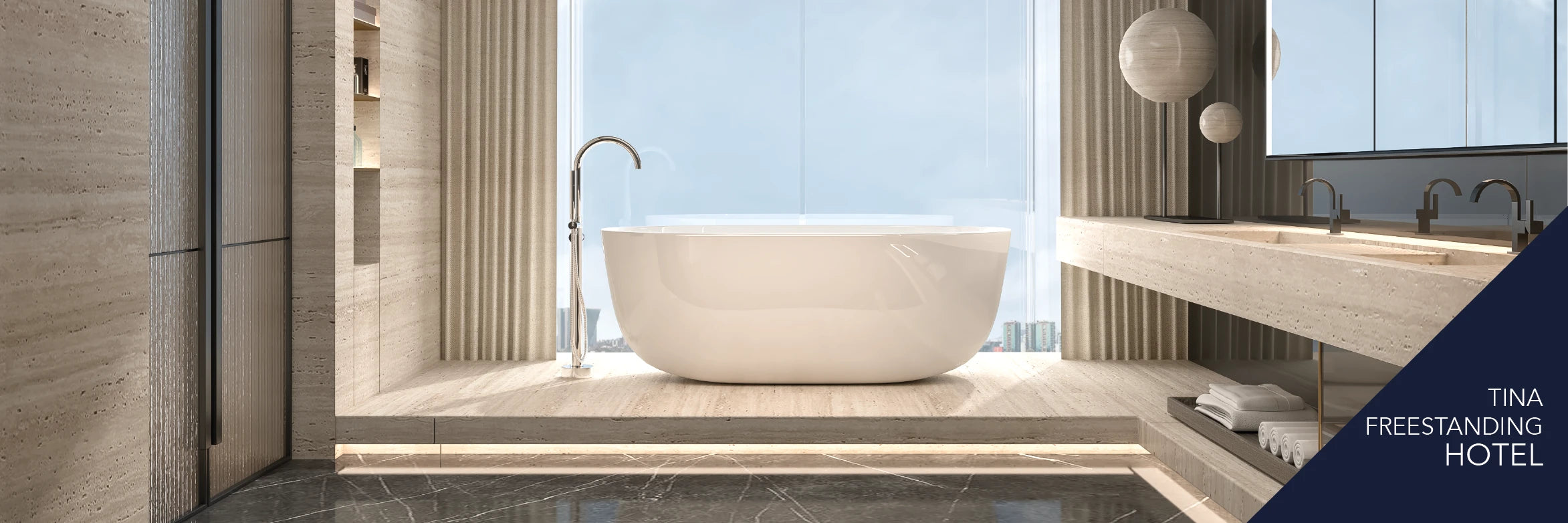 Tina freestanding con diseño elegante instalada en suite de hotel de lujo, proyecto ejecutado por TotalSpa