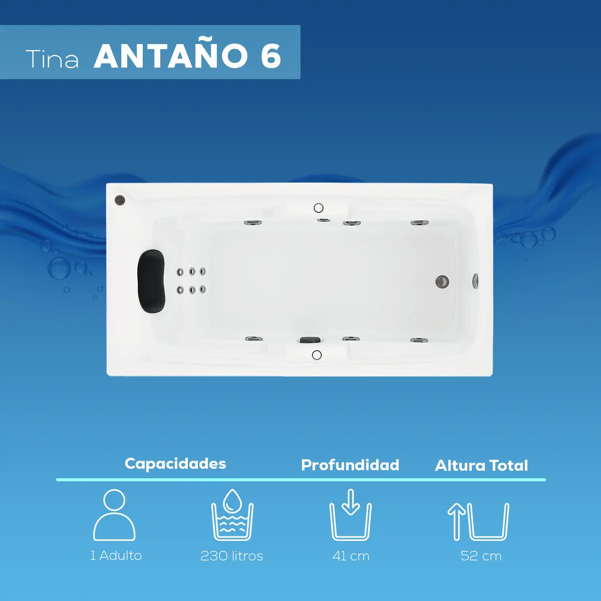 Capacidades de la tina Antaño 6 Aquaspa™ para 1 adulto, 230 L, profundidad útil de 0.41 m y altura total de 0.52 m.