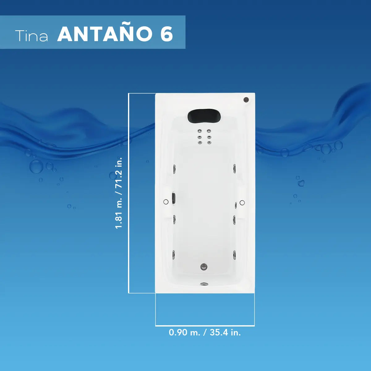 Ficha técnica de medidas de la tina Antaño 6 Aquaspa™, con dimensiones generales y detalles de instalación.