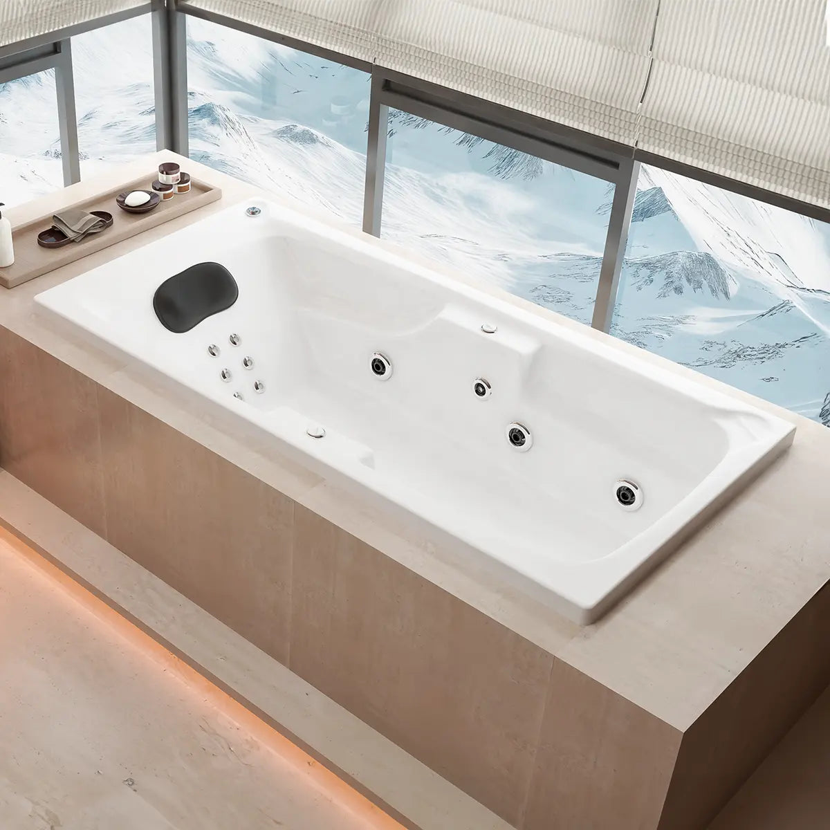 Render fotorrealista de la tina Antaño 6 Aquaspa™ instalada en baño interior moderno con iluminación natural.