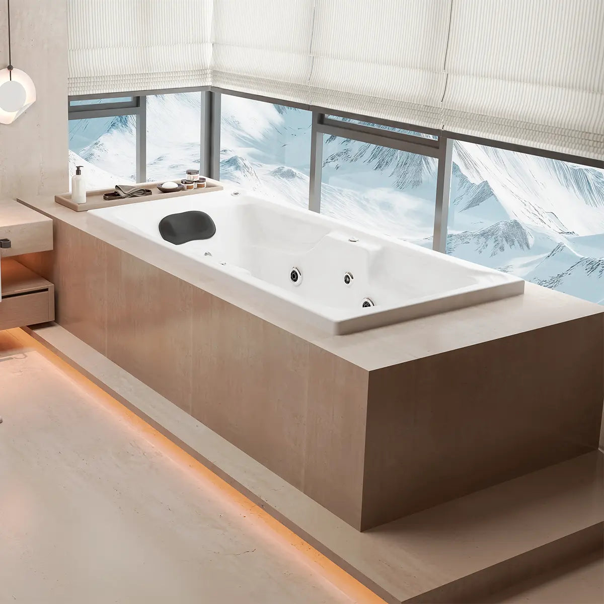 Render alternativo en ambiente residencial, mostrando la tina Antaño 6 con faldón e hidromasaje.