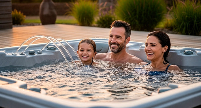 Familia disfrutando en jacuzzi exterior con hidromasaje, ideal para jardín o terraza en casa en México.
